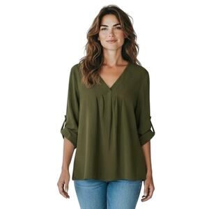 Dokotoo Women's Chiffon Blouse M Green Roll Tab Sleeve Pleated V-Neck Tunic Top